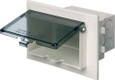 Arlington Industries Low profile inbox for new brick construction. Recessed electrical box with weather proof in use cover. Horizontal. White with clear cover.