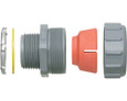 Arlington Industries Non-metallic, liquid-tight, gray, and oil-tight colorgrip strain relief cord connector furnished with a sealing ring and locknut. Supports .750 to .875 cord range with a 1 inch trade size.