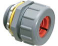 Arlington Industries Non-metallic, liquid-tight, gray, and oil-tight colorgrip strain relief cord connector furnished with a sealing ring and locknut. Supports .750 to .875 cord range with a 1 inch trade size.
