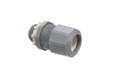 Arlington Industries Low-profile non-metallic, liquid-tight, oil-tight, and gray strain relief cord connector furnished with a sealing ring and locknut. Supports .385 to .600 cord range with a 1/2 inch trade size.