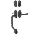 Emtek 461222 San Carlos Grip Entrance Handleset - Wrought Steel Tubular Single Cylinder in Flat Black Steel (FBS) finish, exploded front view showing deadbolt and grip