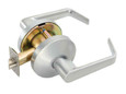 Falcon B101 Grade 2 cylindrical passage lever lock, Dane lever, 626 Satin Chrome finish, front three-quarter view with latchbolt extended