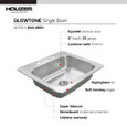 Houzer 2522-8BS3 Glowtone 25" Stainless Steel Drop-in Topmount 3-hole Single Bowl 8" Deep Kitchen Sink with Strainer