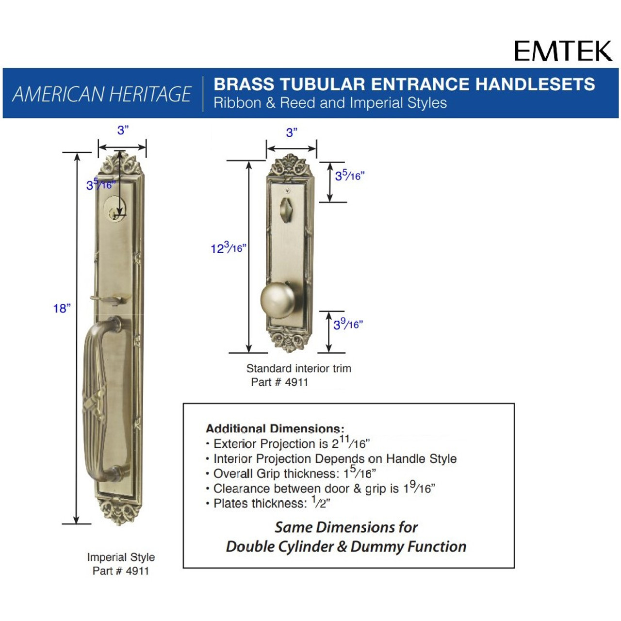 Emtek 4921 Imperial Double Cylinder Entrance Handleset Brass Tubular