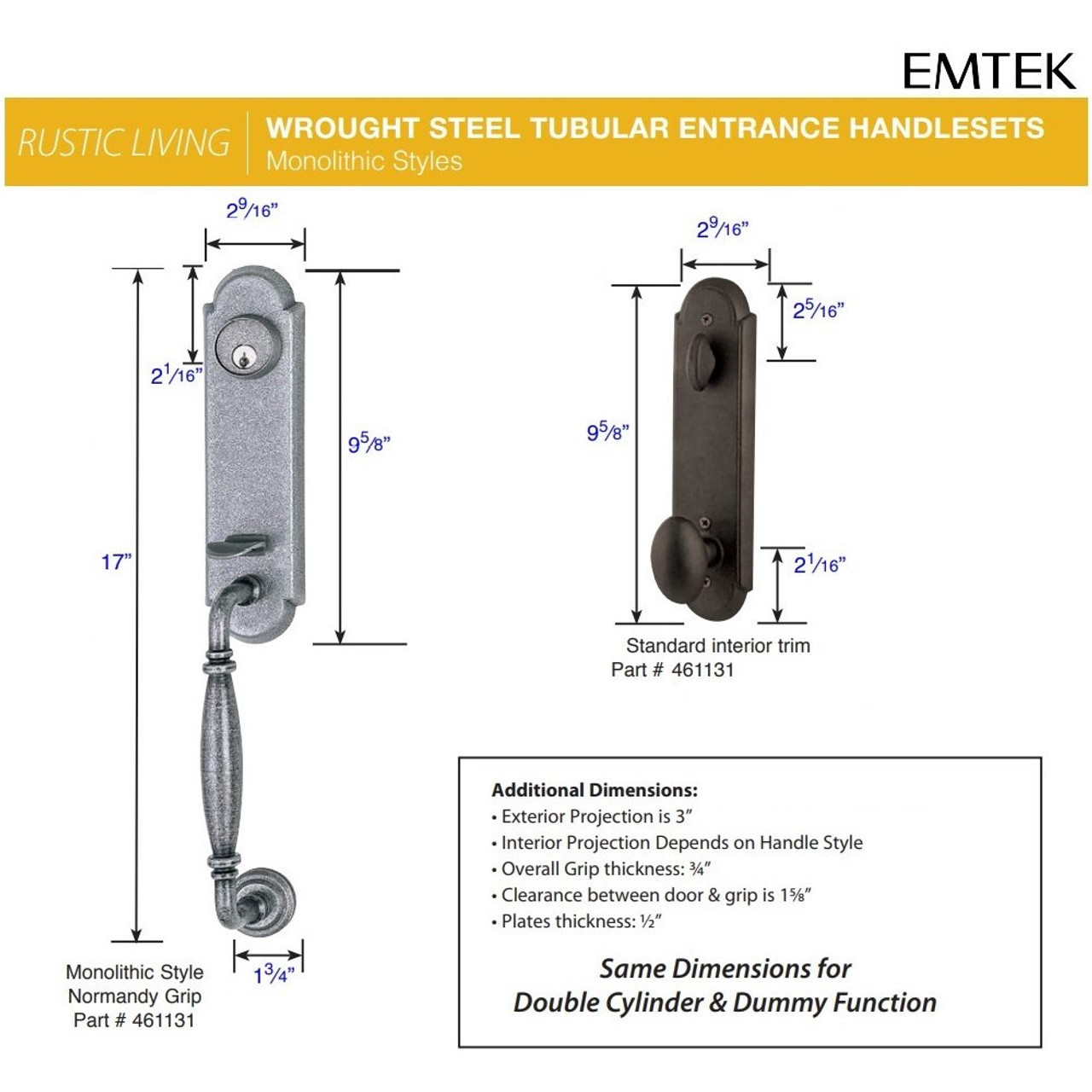 Emtek 462131 Normandy Double Cylinder Keyed Entry Wrought Steel Monoli