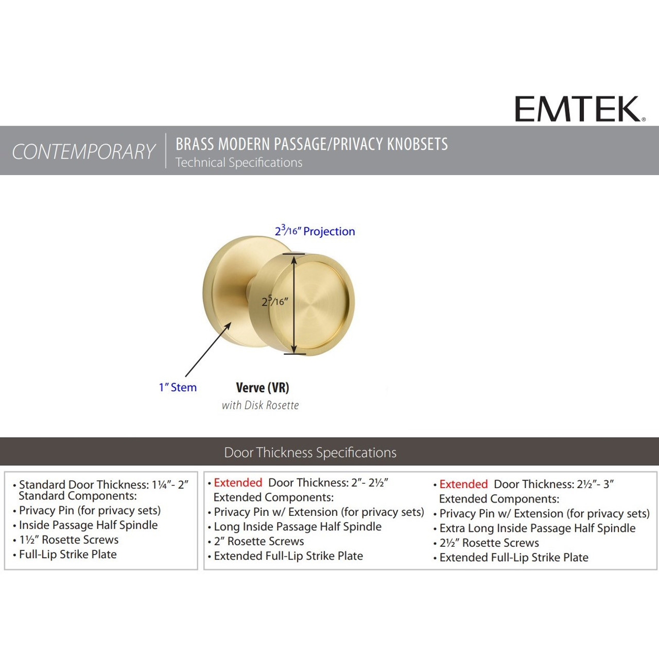 Emtek Modern Designer Brass Knobset - Verve Knob, Privacy Set