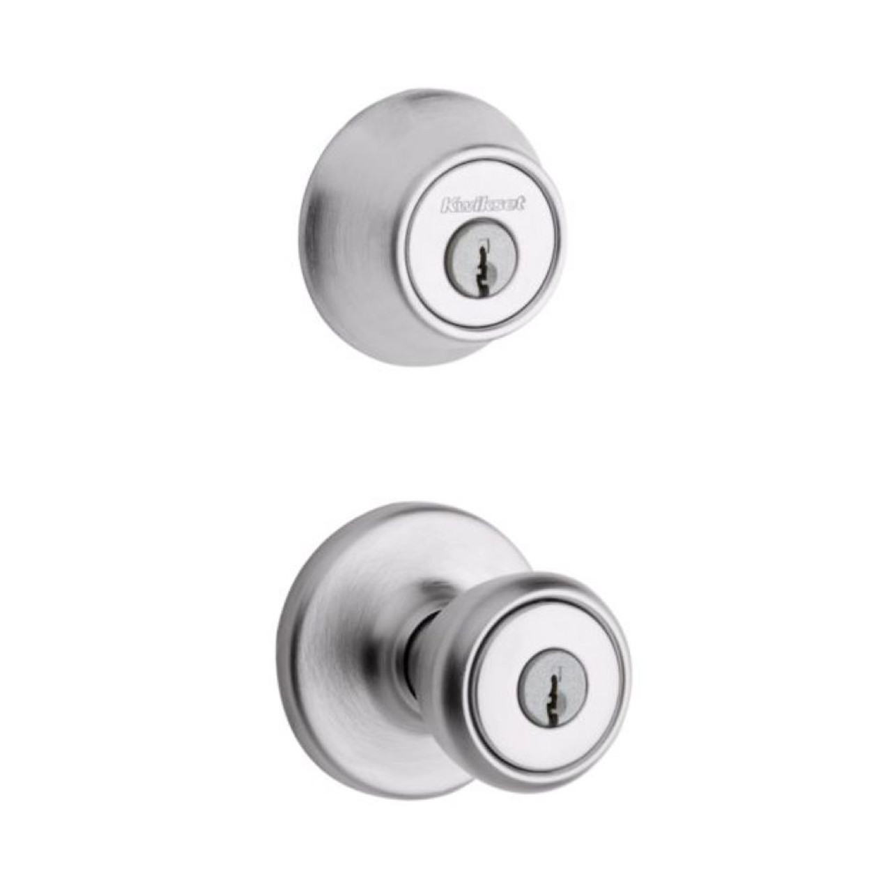 Juno Satin Nickel Exterior Entry Door Knob and Double Cylinder Deadbolt  Combo Pack Featuring SmartKey Security