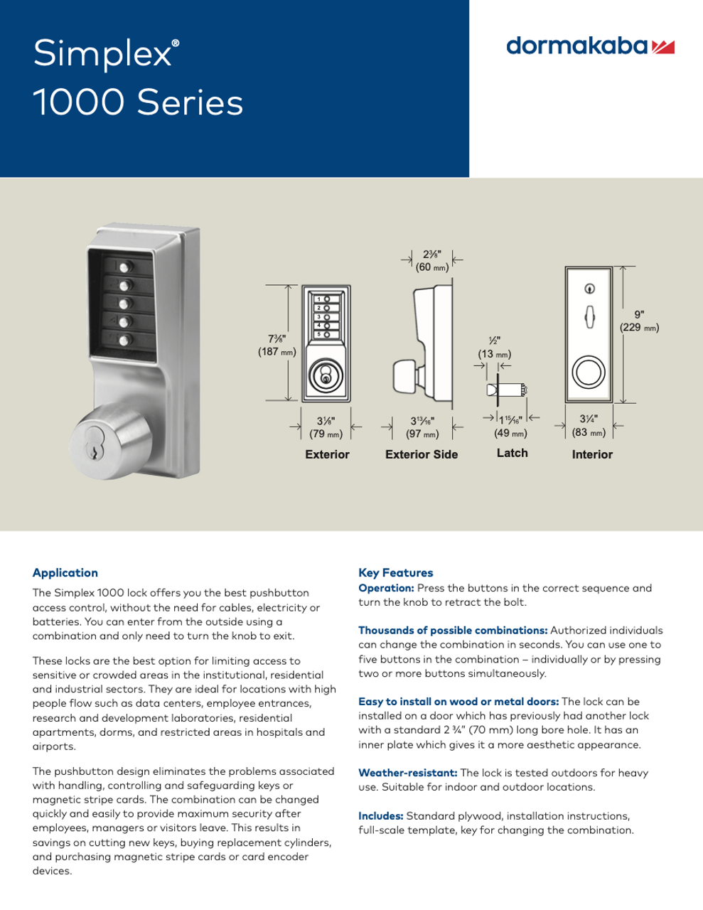 Dormakaba Simplex 1000 Series Mechanical Pushbutton Cylindrical Knob Lock  (with key override)