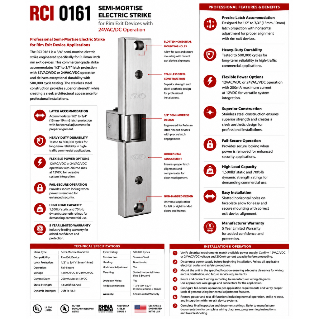 RCI 0161 Semi-Mortise Electric Strike 24VAC/DC | ZenSupply