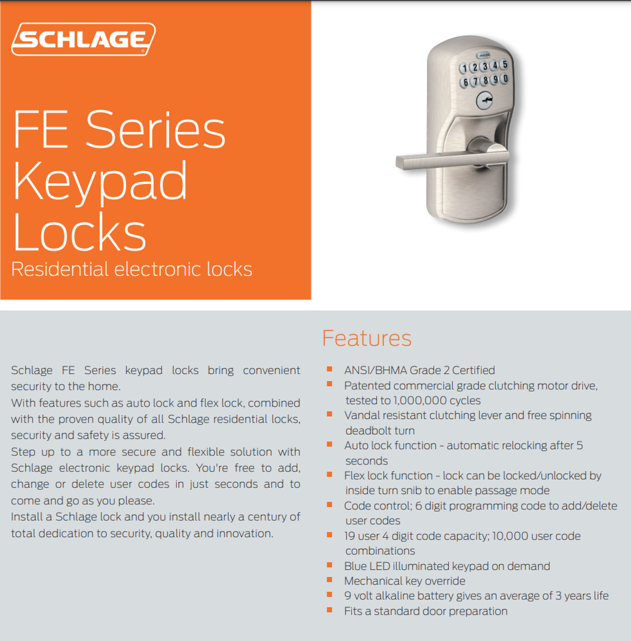 Schlage Residential FE575 Grade Keypad Entry with Auto Lock