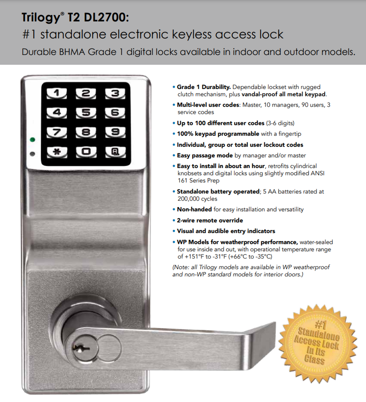 Alarm Lock DL2700 Series Standalone ZenSupply