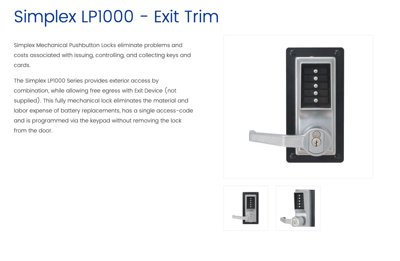 Dormakaba Simplex LP1000 Series Mechanical Pushbutton Exit Trim Lever Lock,  No Key Override