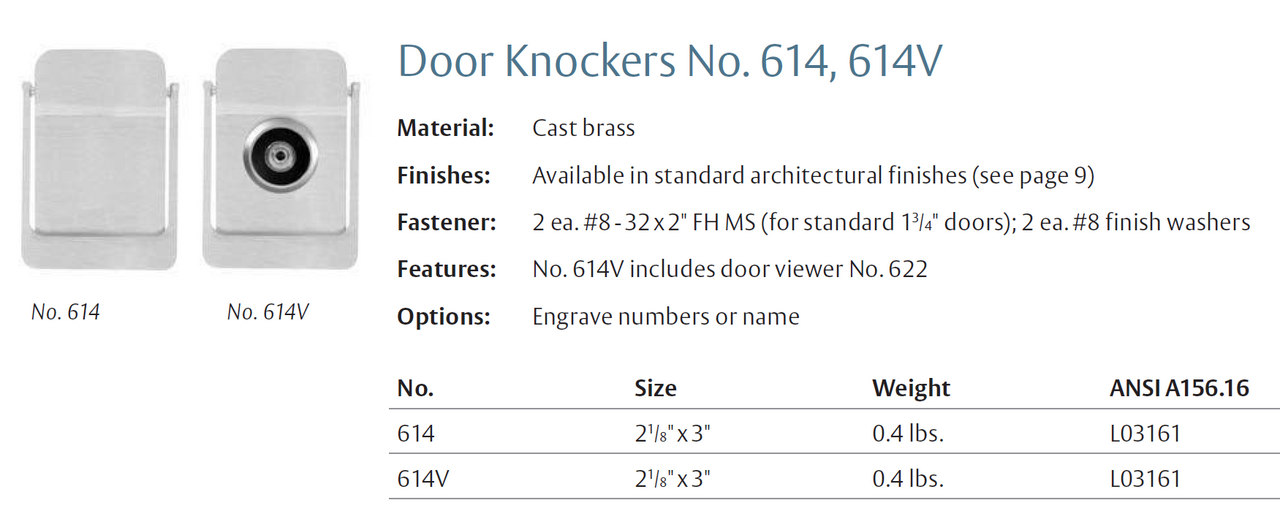 Rockwood 614V Door knocker, Includes Door Viewer, 2-1/8