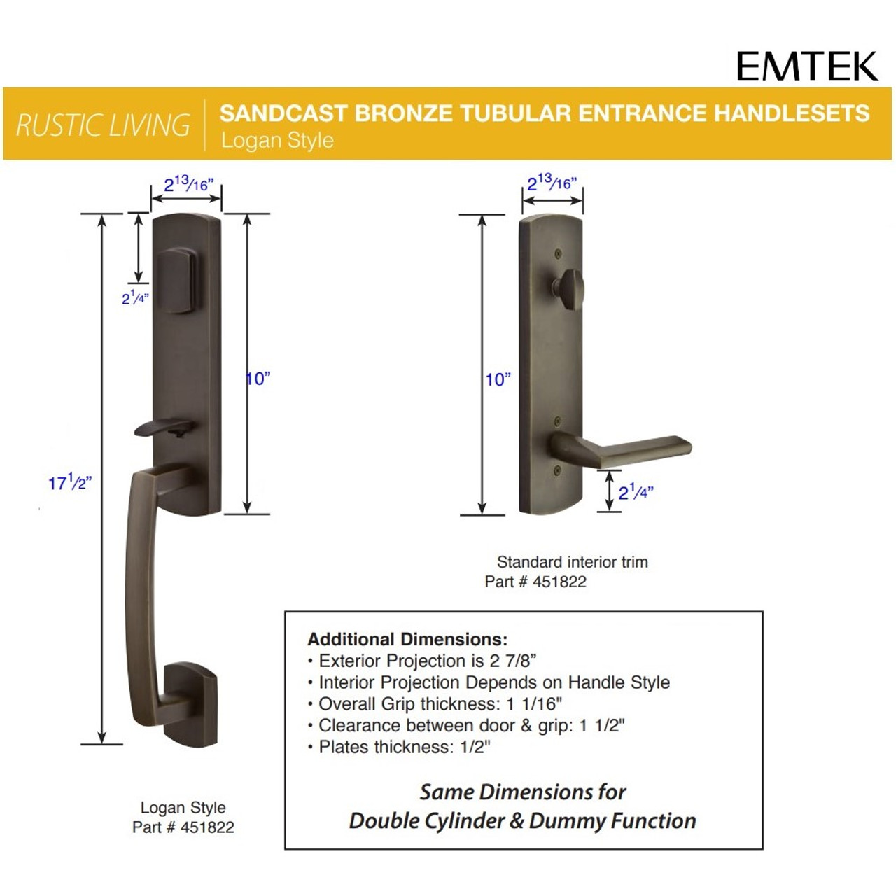 Emtek 451822 Logan Entrance Handleset Sandcast Bronze Tubular Single  Cylinder