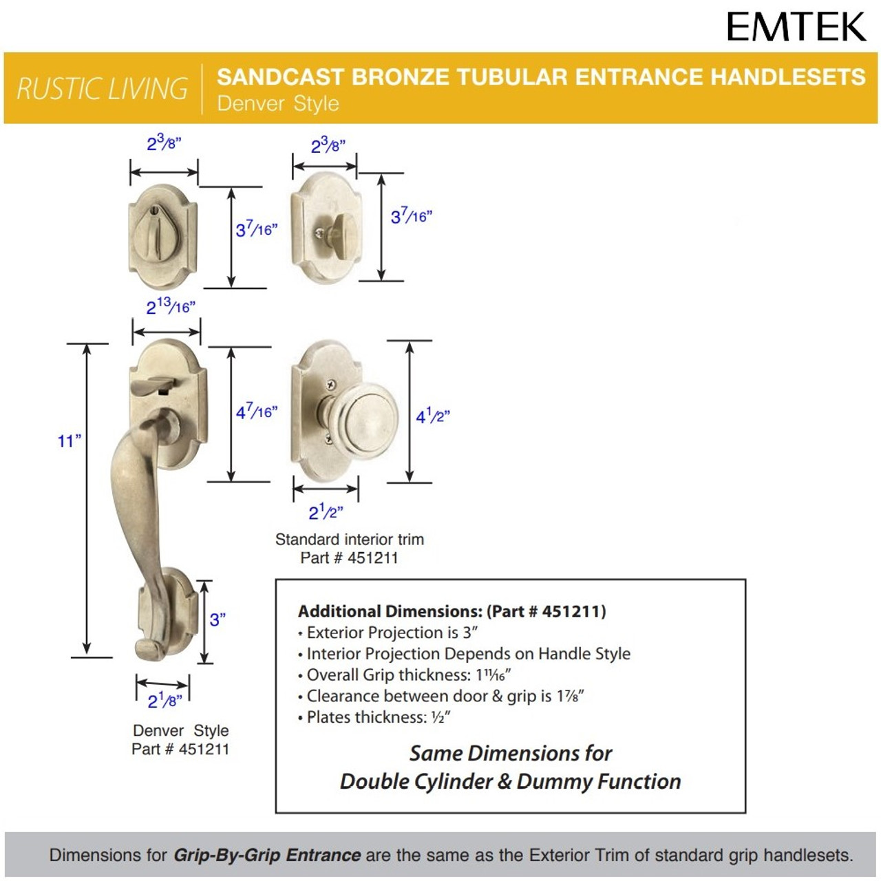 Emtek 451211 Denver Entrance Handleset Sandcast Bronze Tubular Single  Cylinder