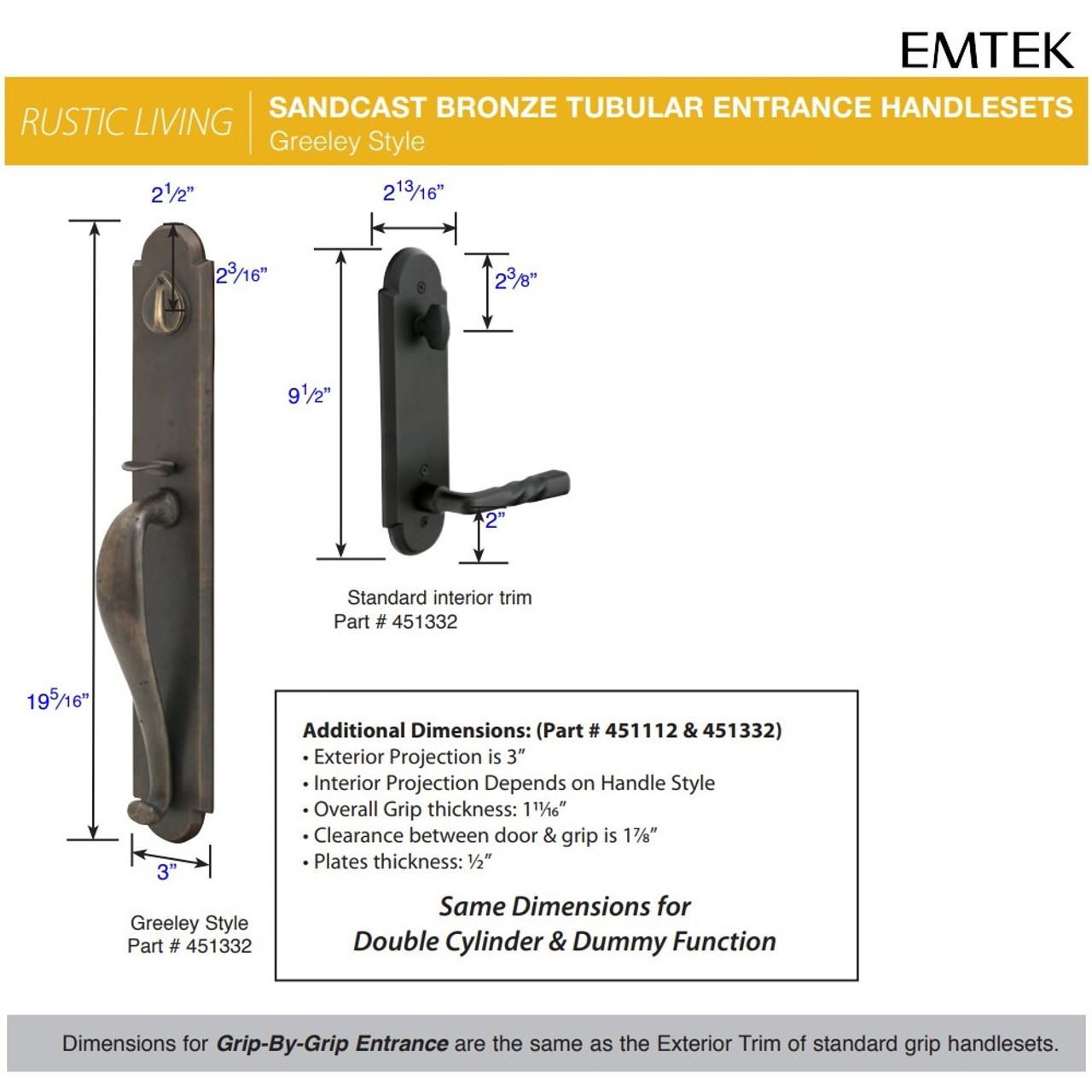 Emtek 451332 Greeley Entrance Handleset Sandcast Bronze Tubular Single  Cylinder