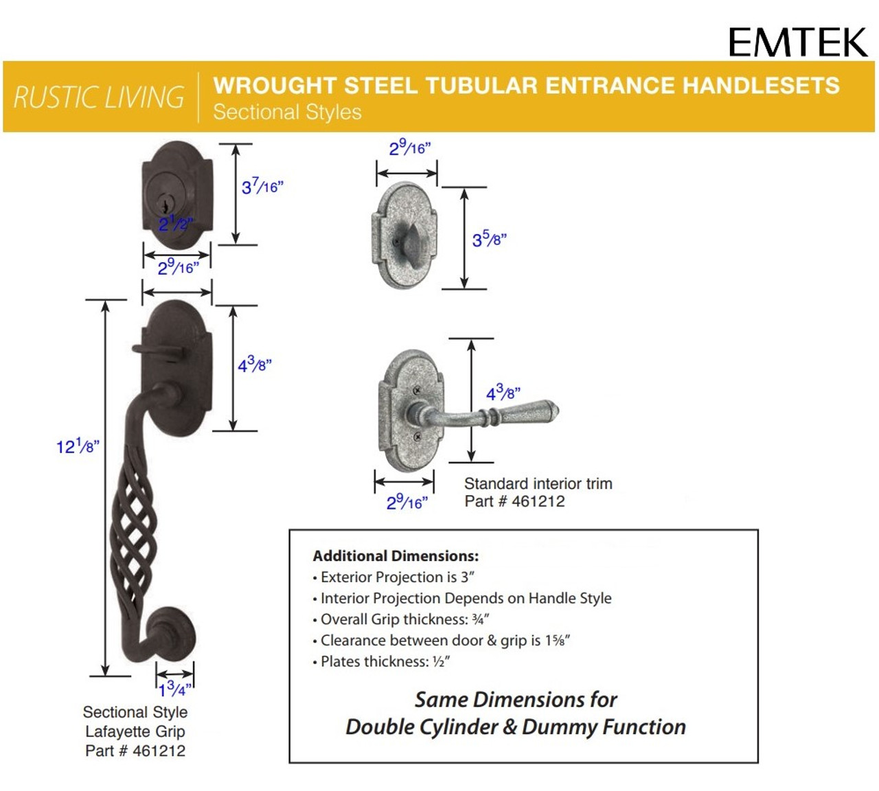 Emtek 461212 Sectional with Lafayette Grip Entrance Handleset Wrought  Steel Tubular Single Cylinder