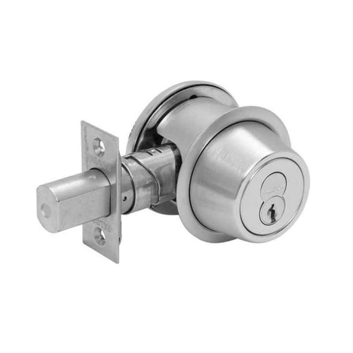 Falcon D131 Grade 1 Heavy-Duty Double Cylinder Deadbolt, 626 Satin Chrome finish, shown with latch bolt and strike plate