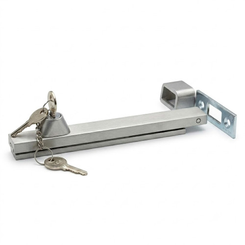 Don-Jo 1579 Surface Bolt, 8" x 1", Satin Chrome Finish with Key Lock and Concealed Screw Mount