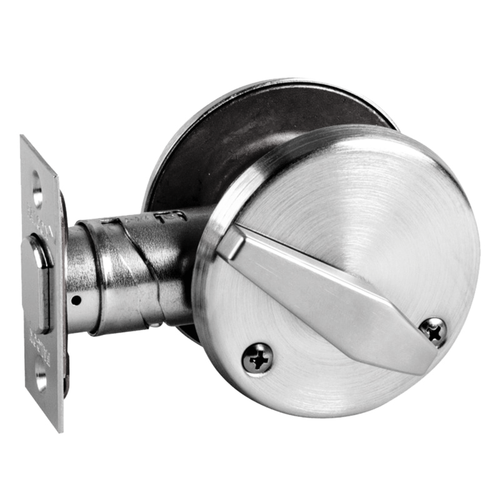 Falcon D251 Grade 2 Double Thumbturn Deadbolt, 626 Satin Chrome finish, front view showing thumbturn rose, latch mechanism, and strike plate