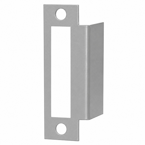 Don-Jo MAF-261 electric strike filler plate in silver coated finish, 4-7/8" x 1-1/4", 13-gauge steel, front and side view