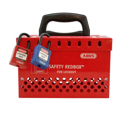 ABUS B835 Safety Redbox powder-coated red group lockout box with carrying handle and two padlocks attached, front three-quarter view
