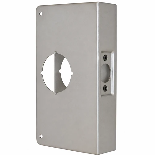 Don-Jo 2-CW wrap around plate for cylindrical door locks, 1-3/4" door, 2-3/8" backset, satin stainless steel finish