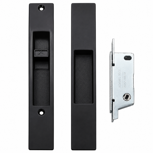 Adams Rite 4430 Flush Lockset without Cylinder for Sliding Doors – Black Satin finish, front and back escutcheon plates shown with latch body