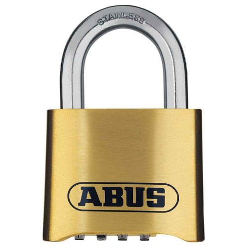 ABUS 180IB/50 C solid brass 4-digit resettable combination padlock, front view showing combination dials and stainless steel shackle