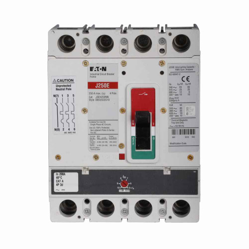 Eaton JGC4100FAG Series G molded case circuit breaker, JG-frame, JG, Fixed thermal, adjustable magnetic trip, Four-pole, 100A, 600 Vac, 250 Vdc, 200 kAIC at 240 Vac, 100 kAIC at 480 Vac, 35 kAIC at 600 Vac, Line and load, 50/60 Hz