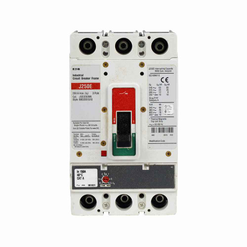 Eaton JGE3150FAG Series G molded case circuit breaker, JG-frame, JG, Fixed thermal, adjustable magnetic trip, Three-pole, 150 A, 600 Vac, 65 kAIC at 240 Vac, 25 kAIC at 480 Vac, 18 kAIC at 600 Vac, Line and load, Metric, 50/60 Hz, 80% rated Eaton JGE3150FAG Series G molded case circuit breaker, JG-frame, JG, Fixed thermal, adjustable magnetic trip, Three-pole, 150 A, 600 Vac, 65 kAIC at 240 Vac, 25 kAIC at 480 Vac, 18 kAIC at 600 Vac, Line and load, Metric, 50/60 Hz, 80% rated