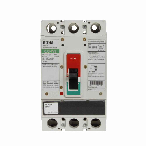 Eaton JGPVS3250W PV Guard / Solar complete molded case circuit breaker, JG-frame, JG, Complete breaker, Fixed thermal, fixed magnetic trip type, Three-pole, 250A, 600 Vdc, 1.2 kAIC, Without terminals, Photo voltaic, 80% rated