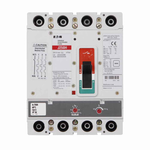 Eaton JGH4080AAG Series G molded case circuit breaker, JG-frame, JG, Adjustable thermal, adjustable magnetic trip, Four-pole, 80A, 600 Vac, 250 Vdc, 100 kAIC at 240 Vac, 65 kAIC at 480 Vac, 25 kAIC at 600 Vac, Line and load, 50/60 Hz