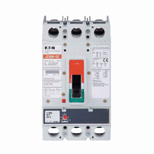 Eaton JGHDC3090FAW Series G DC/PvGard complete molded case circuit breaker, JG-frame, JG, Fixed thermal, adjustable magnetic trip, Three-pole, 90A, 600 Vac, 250 Vdc, 100 kAIC at 240 Vac, 65 kAIC at 480 Vac, 25 kAIC at 600 Vac, No terminals, 50/60 Hz