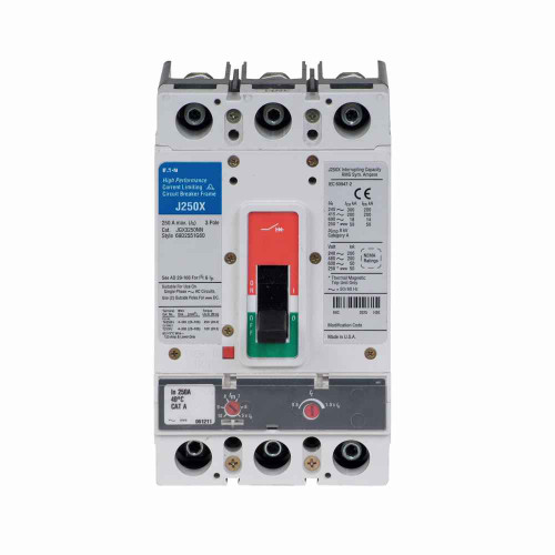 Eaton JGX3090FAGC Series G molded case circuit breaker, JG-frame, JG, Fixed thermal, adjustable magnetic trip, Three-pole, 90A, 600 Vac, 250 Vdc, 200 kAIC at 240 Vac, 200 kAIC at 480 Vac, 50 kAIC at 600 Vac, Copper, Line and load, 50/60 Hz, 100% rate