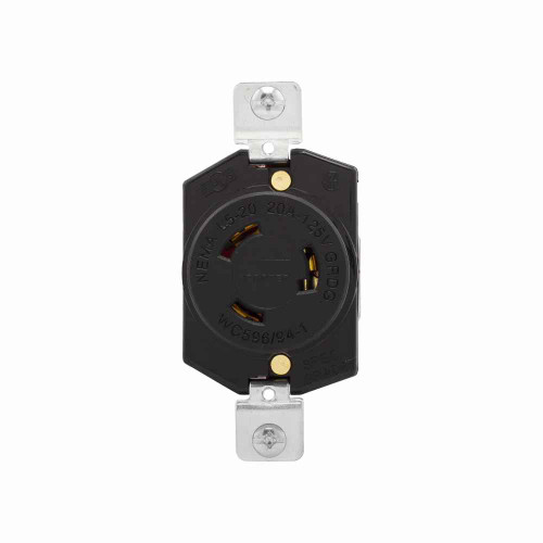Eaton L520R safety grip locking receptacle, 20A, Industrial, 125V, Back wiring, Black, Single, L5-20, Two-pole, Three-wire, Glass-filled nylon