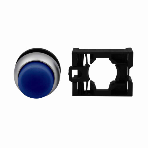 Eaton M22-DLH-B M22 modular pushbutton, 22.5 mm, Extended, Momentary, Illuminated, Bezel: Silver, Button: Blue, IP67, IP69K, NEMA 4x, 13, 5,000,000 Million mechanical operations