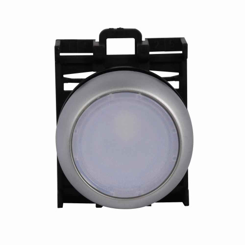 Eaton M22-DL-W M22 modular pushbutton, 22.5 mm, Flush, Momentary, Illuminated, Bezel: Silver, Button: White, IP67, IP69K, NEMA 4x, 13, 5,000,000 Million mechanical operations