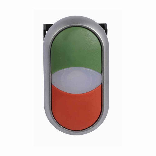Eaton M22-DDLM-GR M22 modular pushbutton, 22.5 mm, Top Flush, Bottom Extended actuator, Momentary, Illuminated, Bezel: Silver, Button: Top Green, Bottom Red, IP66, NEMA 4X, 13, Light 100,000 hours, Button 200,000 Operations