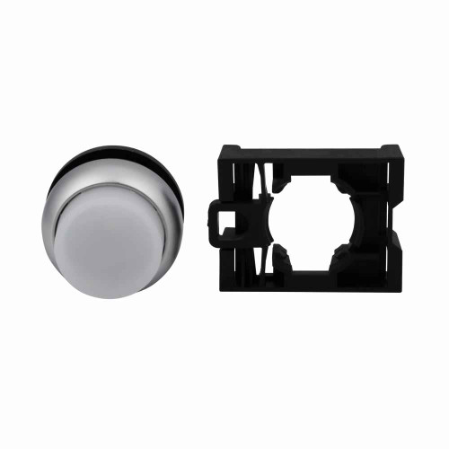 Eaton M22-DLH-W M22 modular pushbutton, 22.5 mm, Extended, Momentary, Illuminated, Bezel: Silver, Button: White, IP67, IP69K, NEMA 4x, 13, 5,000,000 Million mechanical operations