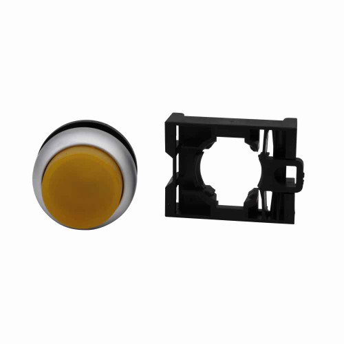 Eaton M22-DLH-A M22 modular pushbutton, 22.5 mm, Extended, Momentary, Illuminated, Bezel: Silver, Button: Amber, IP67, IP69K, NEMA 4x, 13, 5,000,000 Million mechanical operations.