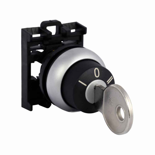 Eaton M22-WRS3-MS2-A3 M22 Modular Three Position Key-Operated Selector Switch, 22.5 mm, Maintained, Key removable center/right, Non-illuminated, Bezel: Silver, Button: Black, MS2, IP66, NEMA 4X, 13, Three-Position, 100,000 Operations
