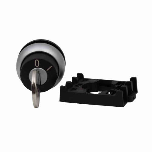 Eaton M22-WS-MS2 M22 Modular Two Position Key-Operated Selector Switch, 22.5 mm, Momentary, Return from right, key removable left, Non-illuminated, Bezel: Silver, Button: Black, MS2, IP66, NEMA 4X, 13, Two-position, 100,000 Operations