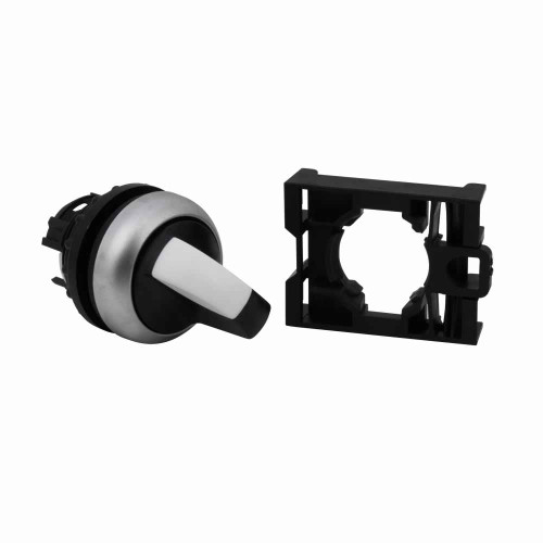 Eaton M22-WK M22 modular pushbutton, M22 Modular Selector Switch Operator, 22.5 mm, Knob, Momentary, Non-illuminated, Bezel: Silver, Button: Black, IP66, NEMA 4X, 13, Two-Position, V, 100,000 Operations