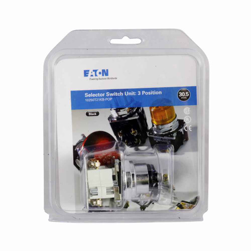 Eaton 10250T21KB-1 10250T pushbutton, 10250T, 30.5 mm, Metal, 60° throw, NEMA 3, 3R, 4, 4X, 12, 13, Non-illuminated, Three-position, Knob, Black actuator, 1NO-1NC, Chrome bezel