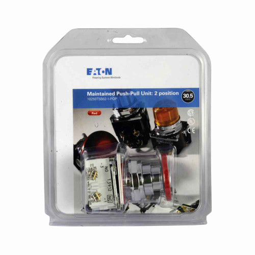 Eaton 10250T5B62 30.5 mm Heavy-Duty Watertight/Oiltight Push-Pull Unit,Class I Division 2,Standard Actuator (button),Red,Plastic Bus,Non-illuminated,Two-position,Maintained push and pull,40 mm button,10250T Series