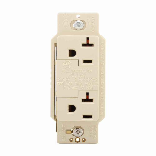 Eaton 1210V SurgeBloc protection receptacle, Audible alarm, auto-ground, Stand 6" #12 AWG leads, 20A, Comm, Wire leads, 340J, 2 recept, 0° to 40°C, Ivory, Brs, Strght blade, Polycarb, 5-20R, Dplx