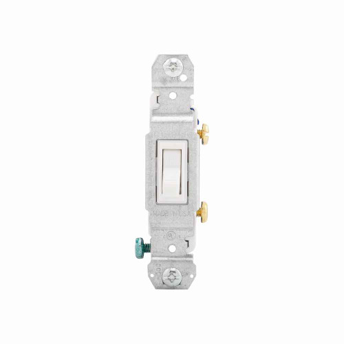 Eaton 1301-73W toggle switch, #14-10 AWG, 15A, Flush, 120V, Side and push, Screw, White, Load type: Motor Control, Fan, LED, Incandescent, ELV, MLV, CFL, Flourescent, Halogen, Single-Pole, -20° to 60°C, Single-Pole, Polycarbonate