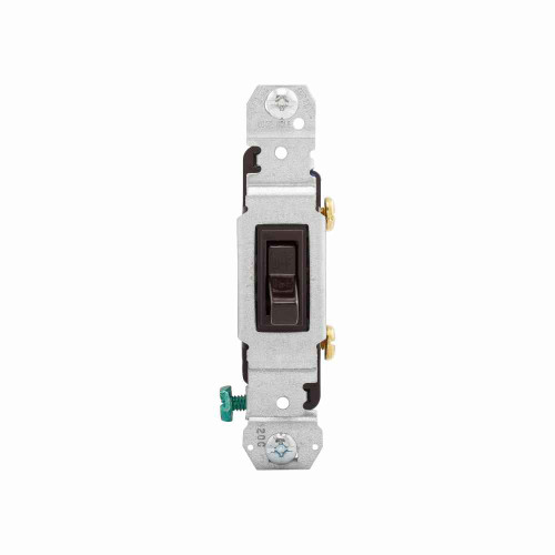 Eaton 1301-73B toggle switch, #14-10 AWG, 15A, Residential, Flush, 120V, Side and push, Screw, Brown, Load type: Motor Control, Fan, LED, Incandescent, ELV, MLV, CFL, Flourescent, Halogen, Single-Pole, -20° to 60°C, Single-Pole, Polycarbonate