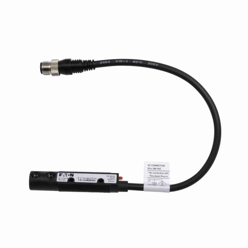 Eaton 13103RQD03 Comet 18mm tubular photoelectric sensor, Right Angle, Sensor dist 9 in, 300 mA max AC L1 switched/DC NPN open coll, 300 mA AC/DC at 20-264Vac/15-30Vdc, 4 Pin Dual Key Micro Connector, Background Suppression, 8 in(.2m)